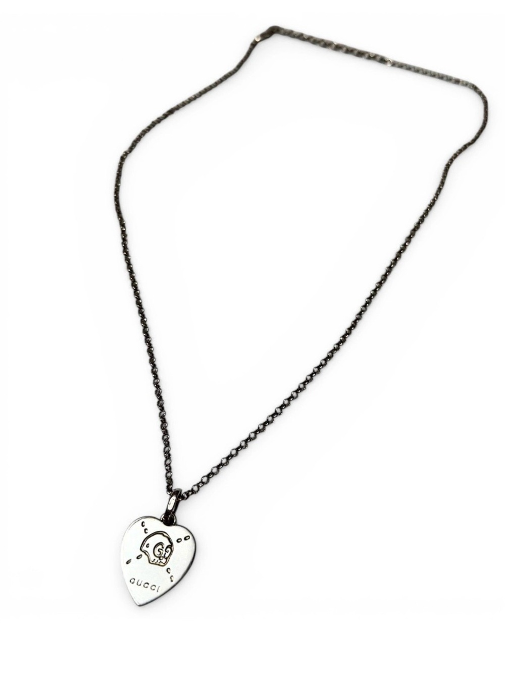 Gucci AUTHENTIC 925 Sterling Silver Ghost GucciGhost Heart GG Chain Necklace
